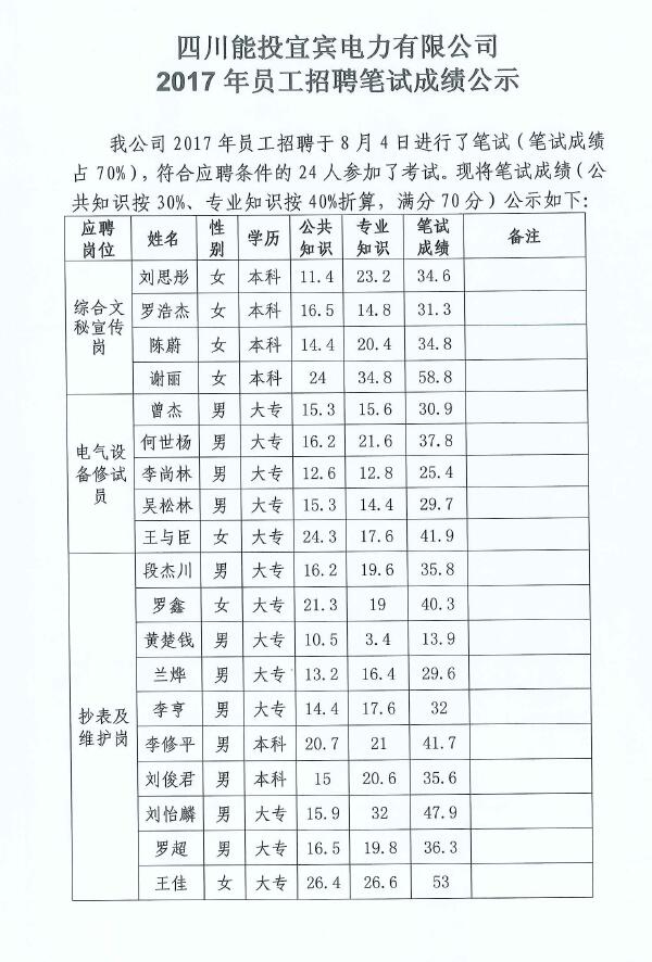 四川能投宜宾电力有限公司2017年员工招聘笔试